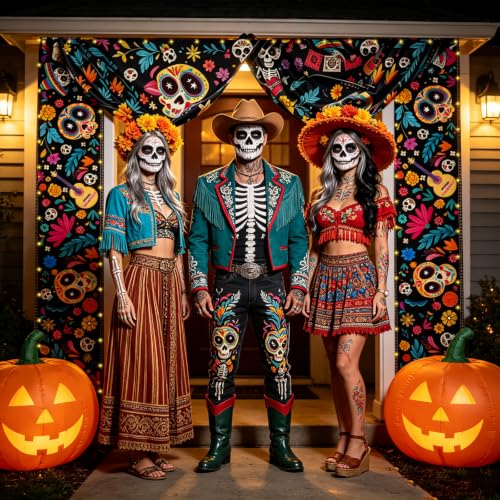 Dia De Los Muertos Porch Banner with Light - Sugar Skull & Floral Design, Ghost Lamp Variation