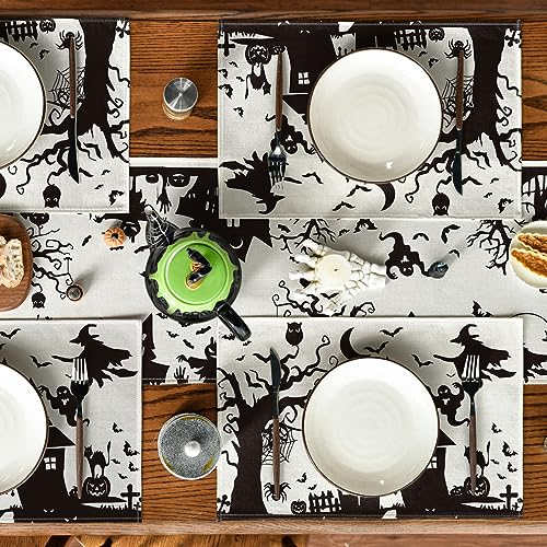 Halloween Spooky Haunted House Placemats Set of 6 - 12x18 Inch Rectangular, Beige