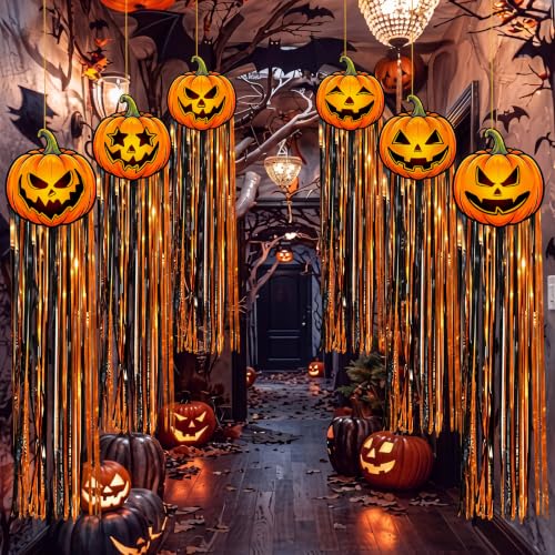 Halloween Pumpkin Hanging Decor Set - 6 Jack-O'-Lanterns Party Banner with Tinsel Streamers