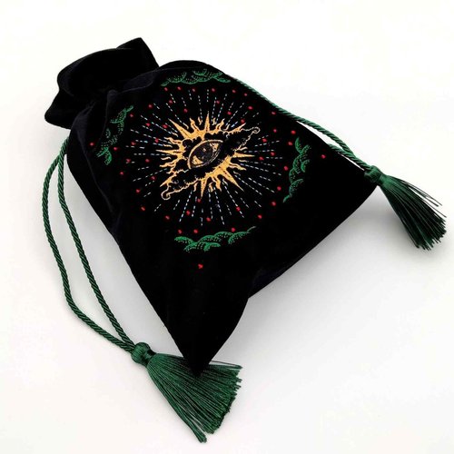 La Muci Black Velvet Pouch for Tarot Decks, Oracle Cards and Crystals, Embroidered Mystical Makeup Bag, Soft Velvet Cosmetic Pouch, Travel Organizer Storage Bag with Tassel