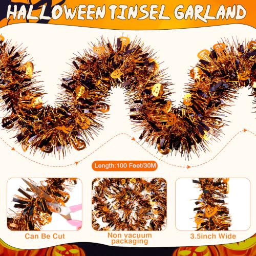 Halloween Tinsel Garland with Pumpkin - 100 Ft Orange Black Decor