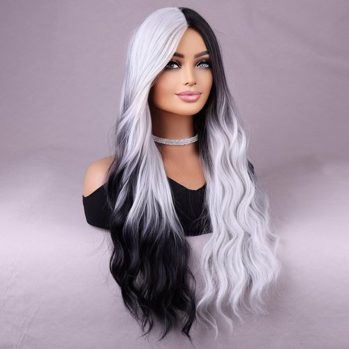 BERON Black White Wig Long Wavy Split Wigs for Women Long Curly Black White Wig for Party Halloween or Cosplay