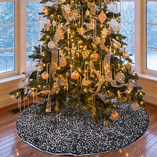 AtiMing 48 Inch Black Sequin Christmas Tree Skirt Sparkly Xmas Base Cover