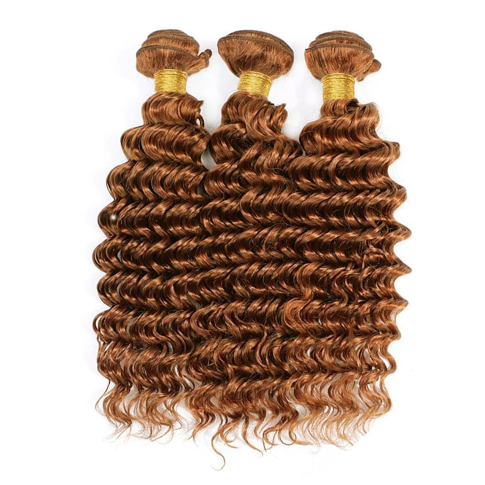 Xddnamei Augfst Virgin Weave Human Hair Bundles 300g Color 30 Light Brown Deep Wave Bundles Human Hair 10 12 14 Inch 11A Unprocessed Soft Sewn In Quick Weave Hair Bundles for Black Women