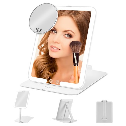 TPCHOIE Lighted Travel Mirror with Rechargeable Light, Adjustable Stand & 3 Light Colors