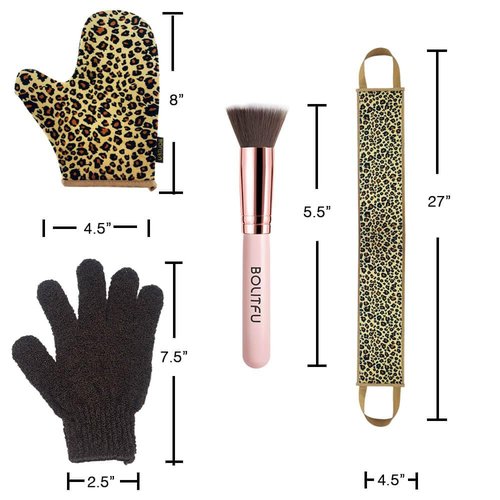 4 Pack Self Tanning Mitt Applicator Kit, with Self Tanner Mitt, Self Tan Back Applicator, Exfoliating Glove, Flat Top Face Tanner Brush, Tan mit for Self Sunless Tanner (leopard)