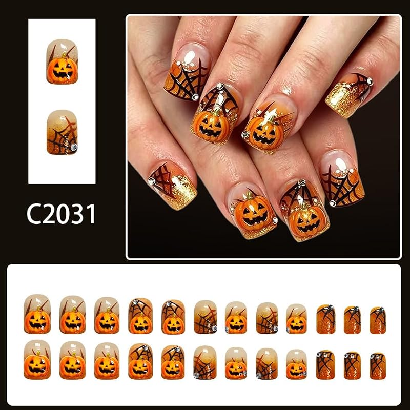 Halloween Short Square Press On Nails with 3D Pumpkin & Spider Web Glitter - Variation 49