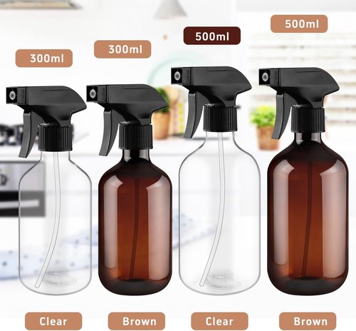 Skiennix 500ml Clear Boston Round Spray Bottles - Adjustable Nozzle for Fine Mist | Reusable Plastic Containers