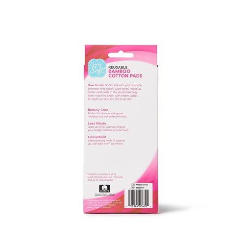 Simply Soft Reusable Cotton Rounds, 14 Count, Makeup Remover Pads for All Skin Types, Sustainable, Minimizes Waste, Dermatologically Tested (7 Rounds and 7 Squares with 1 Washable Mesh Bag)