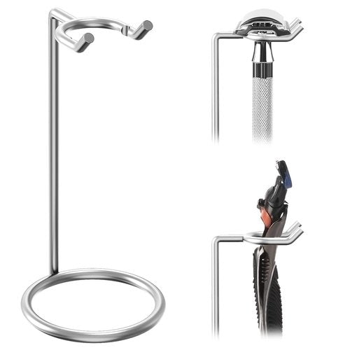 Linkidea Stainless Steel Safety Razor Stand, Polished Chrome Travel Shaving Razor Holder Compatible with Long Handle Safety Razor, Fusion 5 (Silver)