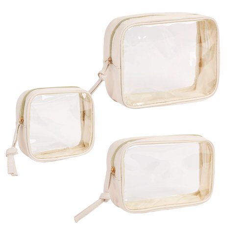 lllyan 3-Piece Travel Makeup Bag Clear Waterproof Toiletry Bag Set Large, Medium Small Sizes Travel Toiletry Organizer Pouch Cosmetic Storage for Bathroom (Beige)