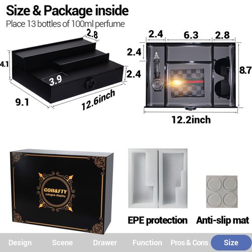 GOH&FTY Cologne Organizer for Men, 3-Tier Perfume Display Stand with Hidden Compartment, Waterproof 5MM Matte Black Acrylic, Smooth Drawers Holds 13+ Bottles, Luxury Dresser/Bedroom Decor Gift