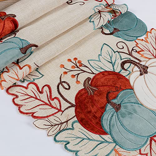 OWENIE 13x70 Inch Thanksgiving Fall Pumpkin Table Runner Embroidered Harvest Decor