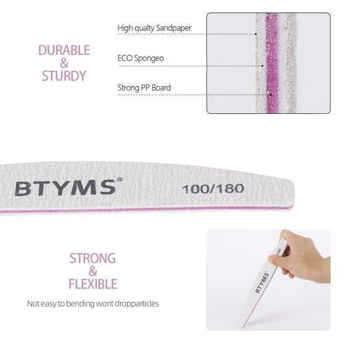 BTYMS 100Pcs 100/180 Grit Nail File and Buffer Professional Double-Sided Emery Boards for Acrylic, Gel & Natural Nails