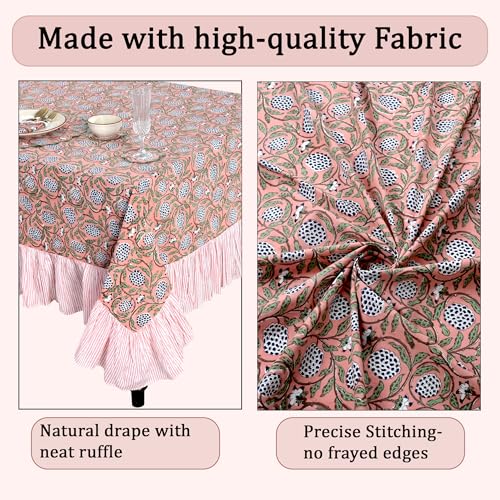 Dark Salmon Pink Cotton Ruffle Hand Block Print Tablecloth 60x60 Square - Ridhi