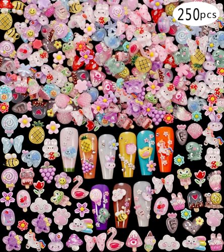 Multicolor 3D Nail Charms Set - Cute Flower, Bee, Pineapple & Bear Decor, 250 Pieces - Variation of A
