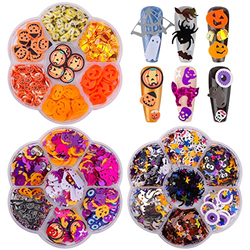 Multi-Colored Halloween Nail Art Glitter Sequins with Skull Spider Pumpkin Bat Ghost Shapes - 3 Boxes