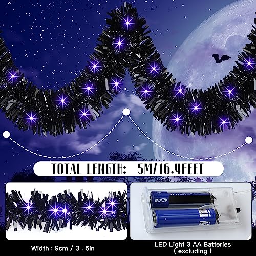 Halloween Tinsel Garland with 50 LED Lights, Black and Purple, 16.4ft Decor