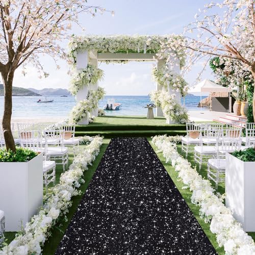 Black Sequin Aisle Runner for Wedding Ceremony 2ft x 15ft - Modern Glitter Carpet with Tapes - Black