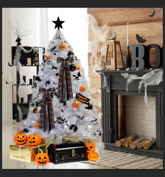 Halloween Skull & Pumpkin Large Wreath Bow - Web Pattern, Multi-Ribbon, Indoor Outdoor Decor - Variation of THIS listing