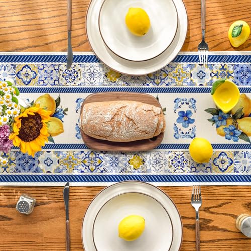Summer Table Runner 13x72 Inch Blue & White Porcelain Floral Decor for Dining Table