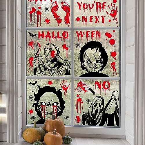 Auzesto Scary Halloween Window Clings Set - Bloody Handprints, Footprints & Ghosts, Waterproof, Retro Style, 9 Sheets