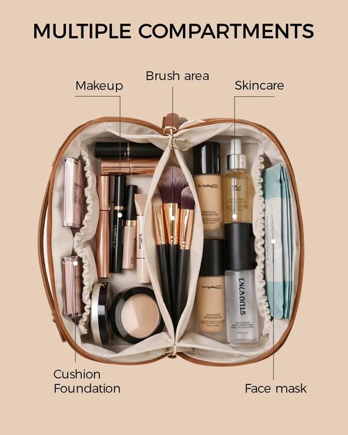 Lucatherine Travel Makeup Bag Organizer with TSA Approved Clear Pouch, Large Capacity Cosmetic Case with 180° Wide Open Design, Portable Toiletry Bag with Dividers for Brushes & Toiletries