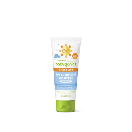 Babyganics SPF 50 Mineral Sunscreen Lotion, Sheer Blend, UVA UVB Protection, Octinoxate & Oxybenzone Free, Water Resistant, Fragrance Free, 3 oz