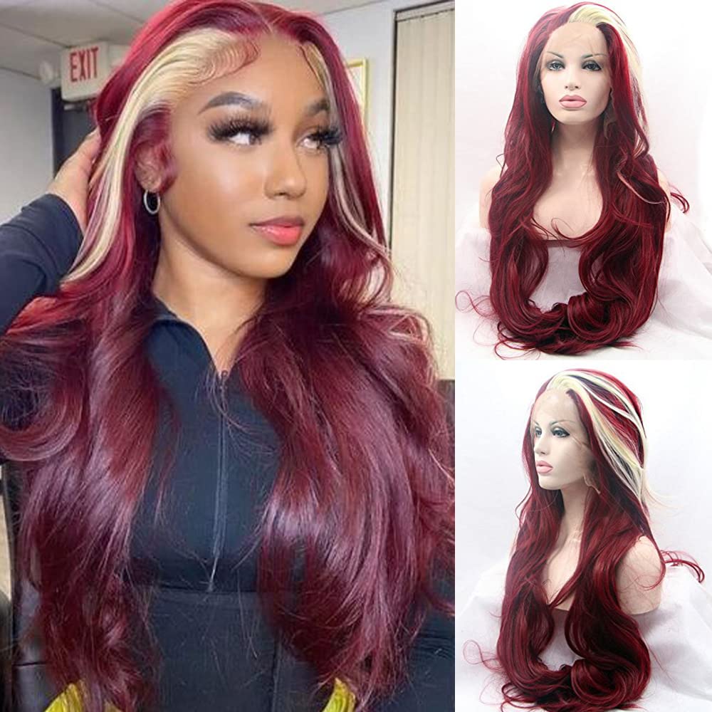 xiweiya Wigs Highlight Blonde Mixed 99J Wine Red Synthetic Lace Front Wig Long Body Wave 13 * 3 Hand Crochet Lace Wig with Heat Resistant Fiber Glueless Matte Wine Red Color Halloween Cosplay Wigs