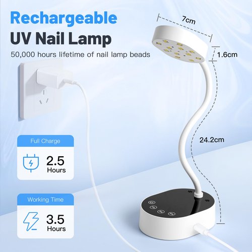 Madenia UV LED Nail Lamp: Rechargeable 360° Adjustable Gooseneck Design Nail Light with Auto Sensor & Touch Screen - 4 Timer Modes Nail Curing Lamp Suitable for Salon and Home Use, White