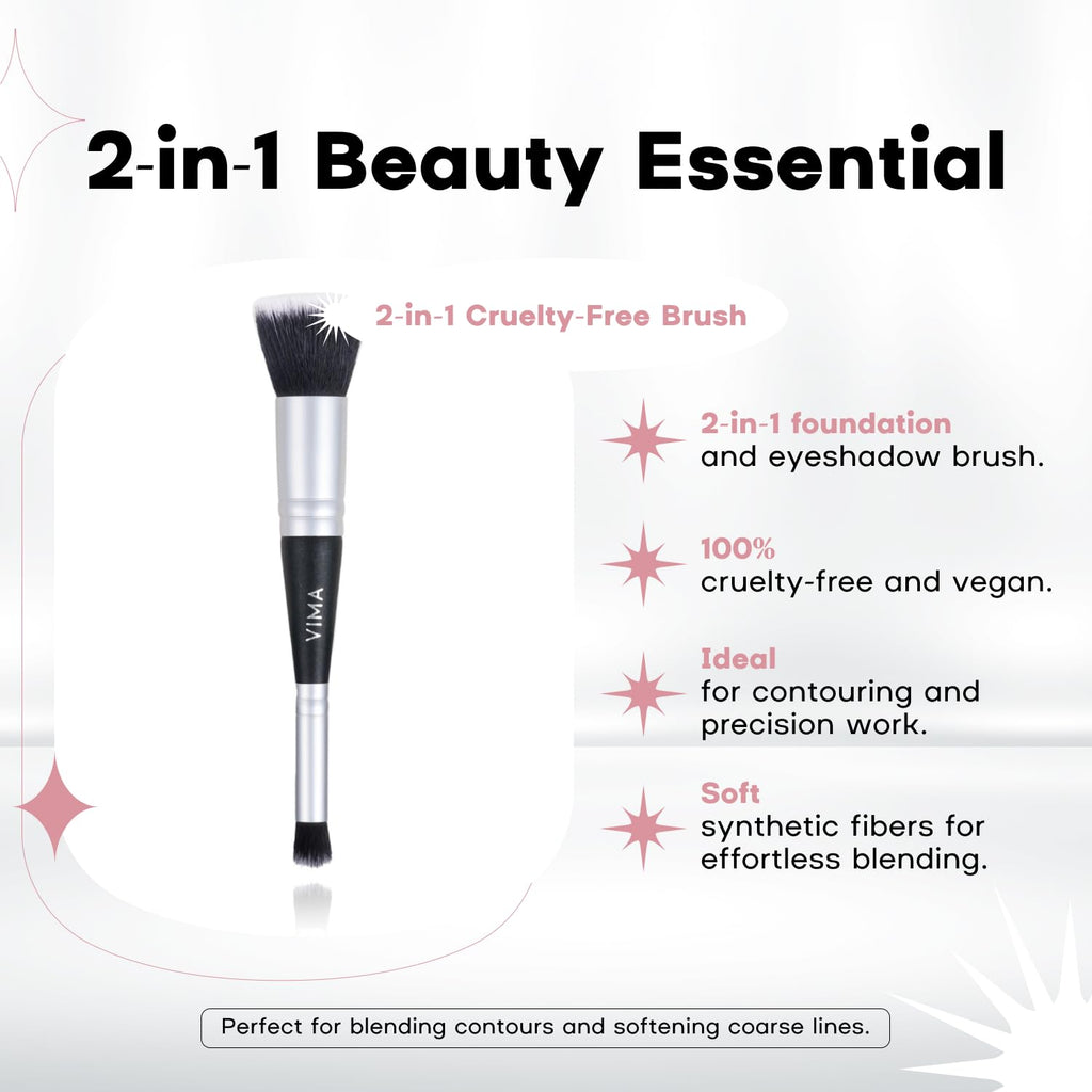 Vima Dual Ended Makeup Brush – 2-in-1 Foundation and Eye Shadow Blending Brush – Soft Synthetic Fibers – Vegan and Cruelty-Free