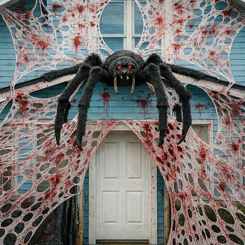 236x39 Inch Bloody Halloween Spider Web Netting - 680 Sq Ft Outdoor Decoration with Spiders & Bats