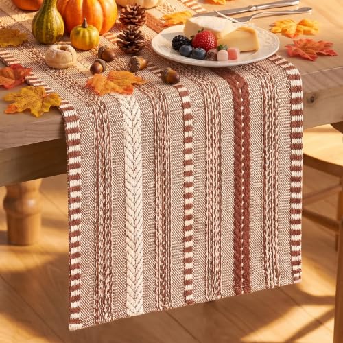 Caramel Farmhouse Stripe Braided Table Runner 12x120 Inch - Cotton & Polyester