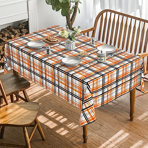Halloween Tablecloth 60x84 Inch Rectangular Fall Orange Buffalo Plaid Washable Table Cover