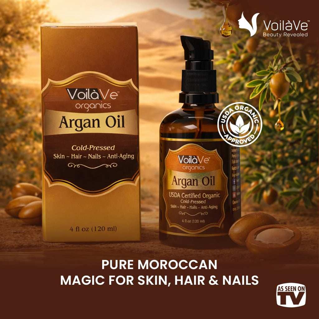 VoilaVe Organic Moroccan Argan Oil - Cold Pressed Anti-Aging Moisturizer for Skin, Hair & Nails | 4 fl oz