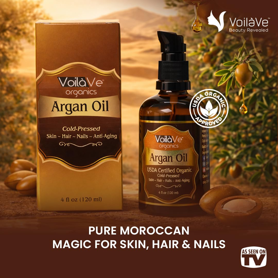 VoilaVe Organic Moroccan Argan Oil - Cold Pressed Anti-Aging Moisturizer for Skin, Hair & Nails | 4 fl oz