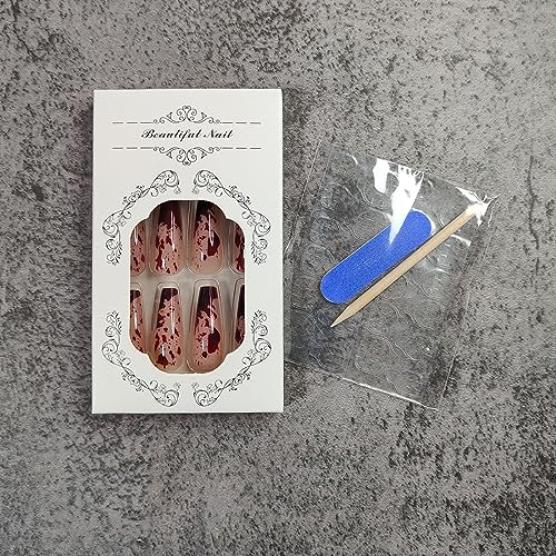 Halloween Gothic Fake Nails Long Coffin Style with Bloody Design - 24Pcs