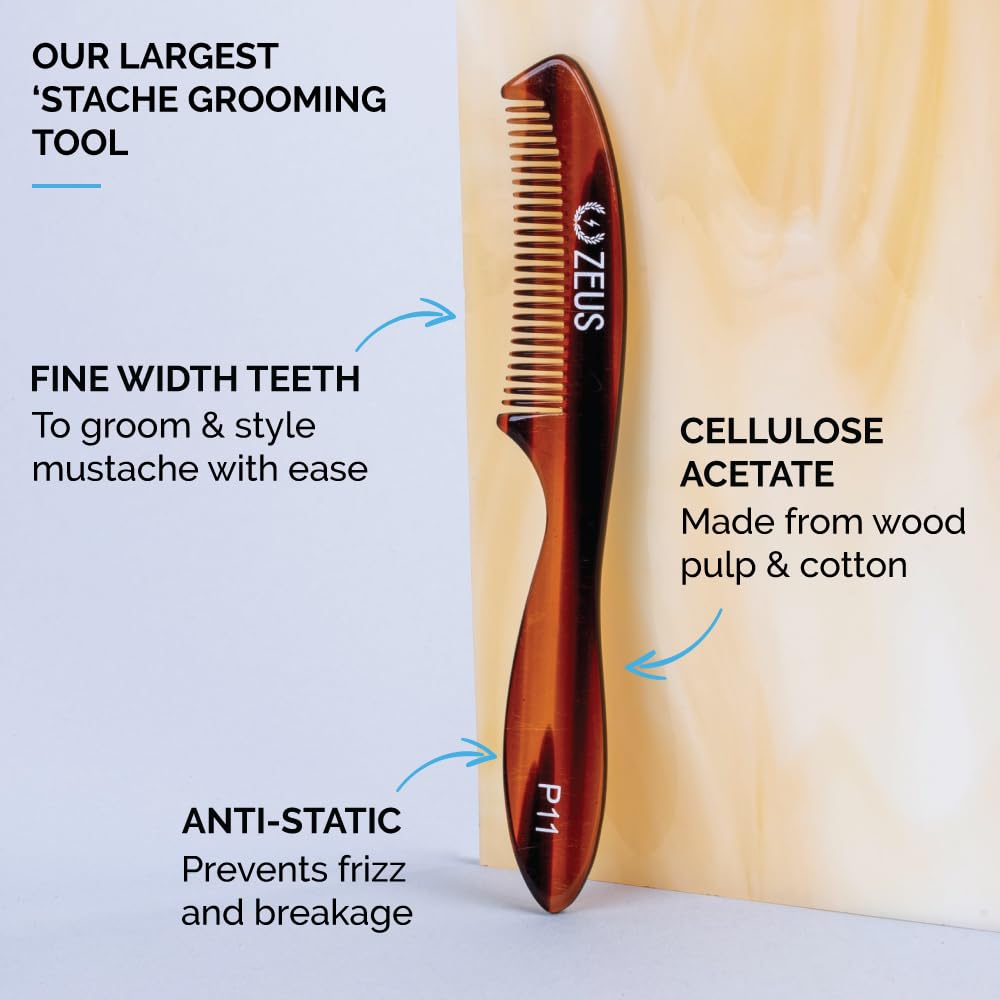 ZEUS Large 5” Mustache Comb for Men, Handmade Saw Cut, Long Handle Beard & Mustache Grooming Tool for Precise Styling (Tortoiseshell) P12