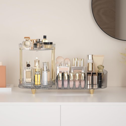 Lulltou Makeup Organizer Countertop for Vanity, Rotating Skincare Organizers and Storage, 2-in-1 Cosmetic Organizer Display Case with Makeup Holder Perfume Tray for Desk Counter Bathroom Dresser