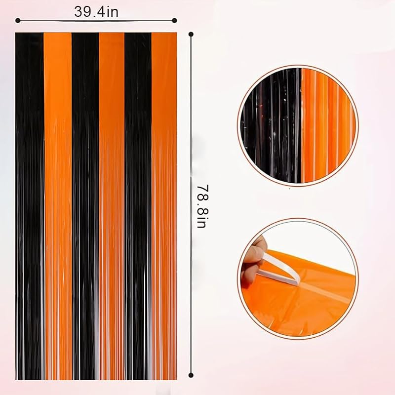 Black and Orange Streamers Halloween Backdrop Foil Fringe Curtain - 3.3ft x 6.6ft, 2 Pack