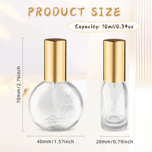 12 Pcs 10ml/0.34oz Glass Spray Bottle Clear Empty Fine Mist Glass Atomizer with Sprayer Pump for Fragrance Essential Oil Travel - Gold