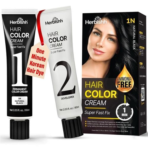 Herbishh 1-Minute Korean Hair Dye Cream - Ammonia-Free Permanent Color for Natural Black Hair | 2.03 fl oz Each