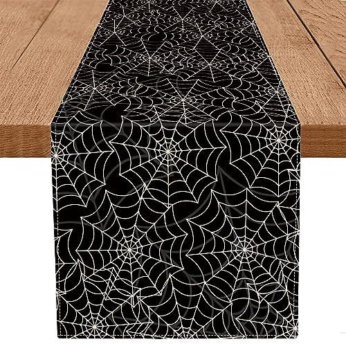 Halloween Spider Web Table Runner Black Linen 13 x 90 Inch - Seasonal Decor