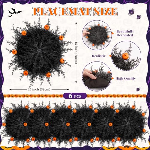 Halloween Placemat Set - 6 Round Pumpkin & Pine Table Mats - Black & Orange - Variation: Pumpkin