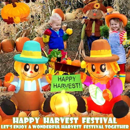 6 FT Fall Inflatable Scarecrow and Pumpkin Outdoor Decor - Built-in LED Lights