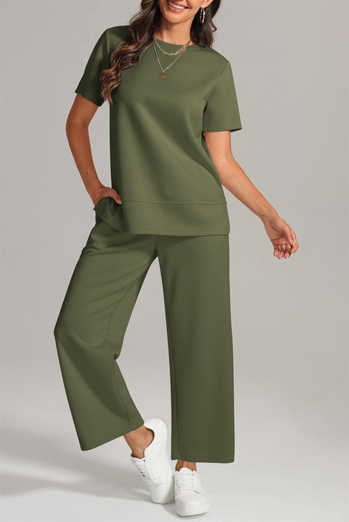 ATHMILE Women's 2-Piece Lounge Set - Comfy Summer Travel Outfit | Wide Leg Beach Tracksuit