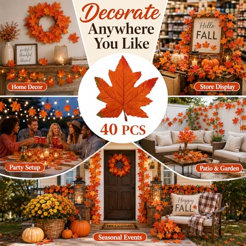Artificial Fall Maple Leaves - 40pcs Autumn Leaves for Thanksgiving & DIY Decor - Orange, Realistic Design