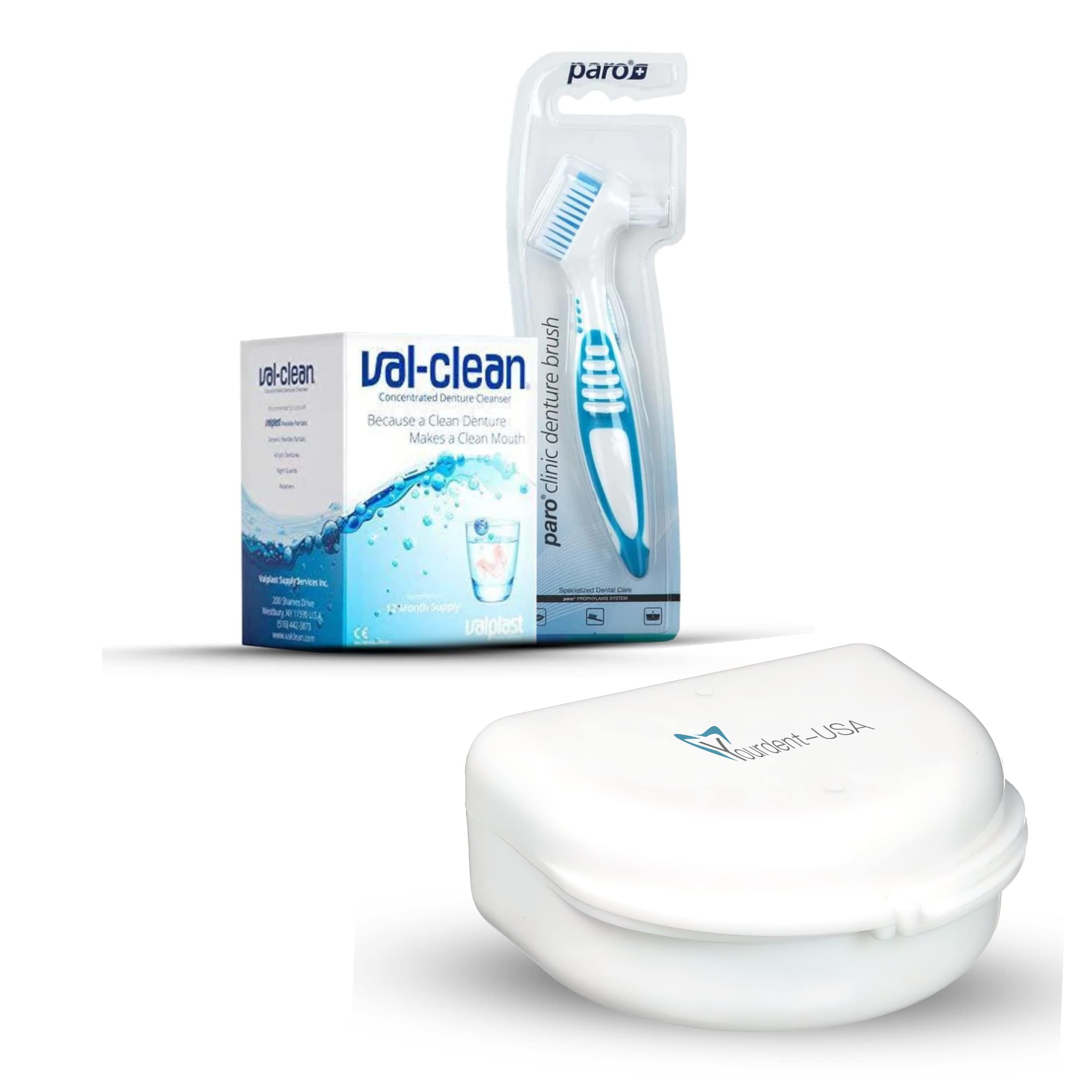 Yourdent-USA Paro Clinic Denture Brush, Val Clean Denture Cleaner 12 Packet for 1 Year and Dental Retainer Case, Denture Night Guard, Perfect Combo