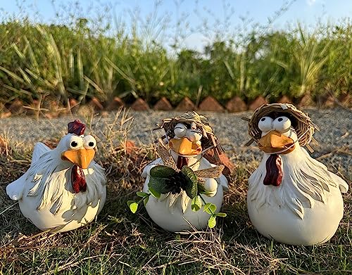 Ivory Resin Chicken Fence Decor Statues Set of 3 Outdoor Garden Sculptures