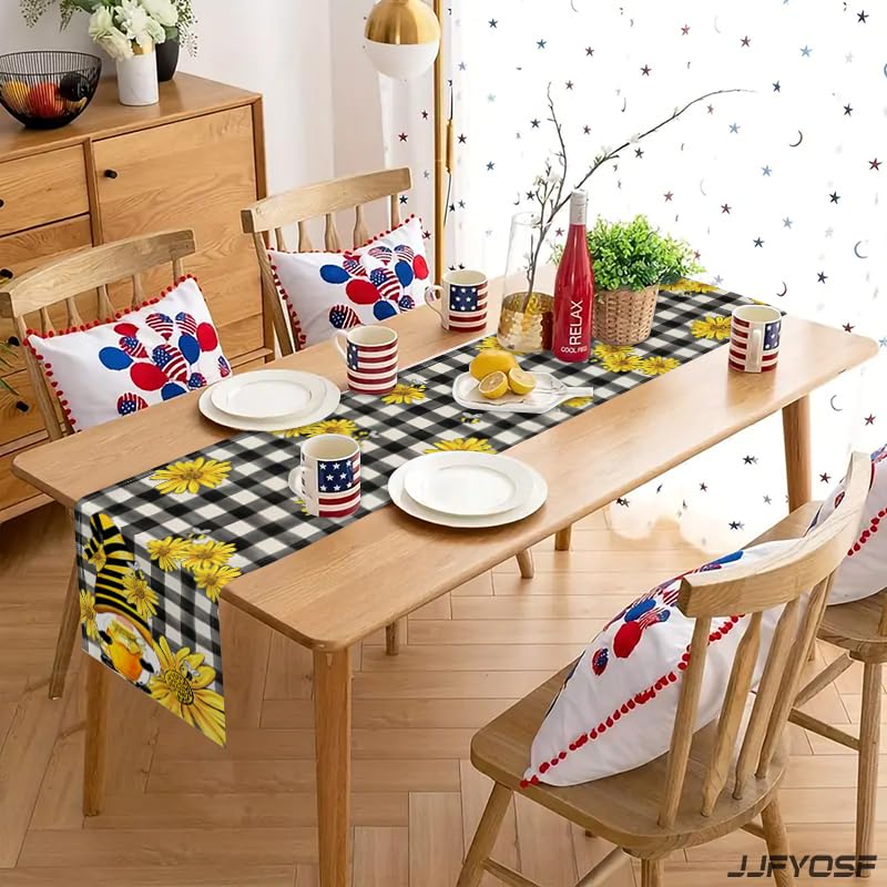 Bee Gnome Table Runner with Sunflower Design - Rustic Farmhouse Kitchen Decor, 13x72 Inch (Sunflower Bee Gnome)